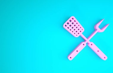 Mavi arkaplanda pembe çatal ve spatula simgesi var. Mangal çatalı ve spatula işareti. Barbekü ve ızgara aletleri. Minimalizm kavramı. 3d illüstrasyon 3d canlandırma