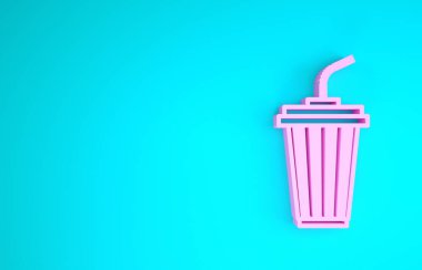 Mavi zemin üzerinde su ikonu olan pembe cam. Soda bardağı ve pipet içmek. Taze soğuk içecek sembolü. Minimalizm kavramı. 3d illüstrasyon 3d canlandırma