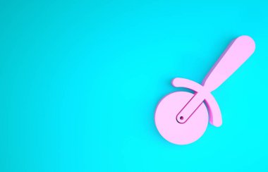 Pembe Pizza bıçak ikonu mavi arka planda izole edilmiş. Pizza kesme tabelası. Çelik mutfak gereçleri. Minimalizm kavramı. 3d illüstrasyon 3B canlandırma