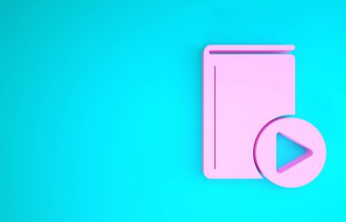 Pembe Ses kitabı simgesi mavi arkaplanda izole edildi. Oynat ve kaydet. Ses rehberi işareti. Çevrimiçi öğrenme kavramı. Minimalizm kavramı. 3d illüstrasyon 3d canlandırma