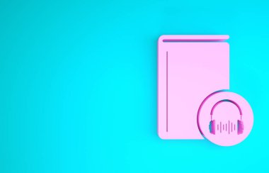 Pembe Ses kitabı simgesi mavi arkaplanda izole edildi. Kulaklıklı kitap. Ses rehberi işareti. Çevrimiçi öğrenme kavramı. Minimalizm kavramı. 3d illüstrasyon 3B canlandırma