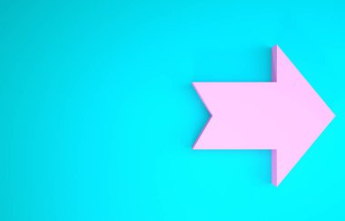 Pembe Ok simgesi mavi arkaplanda izole edildi. Yön Arrowhead sembolü. Navigasyon işaretçisi işareti. Minimalizm kavramı. 3d illüstrasyon 3d canlandırma
