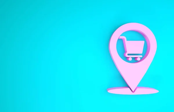 Puntero de mapa rosa con icono del carrito de compras aislado sobre fondo azul. Tienda de puntos de pin y compras. Símbolo de cesta de supermercado. Concepto minimalista. 3D ilustración 3D render — Foto de Stock