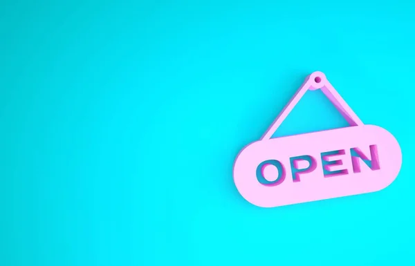 Pink Hanging sign with text Open door icon isolated on blue background. Minimalism concept. 3d illustration 3D render — Stock Photo, Image