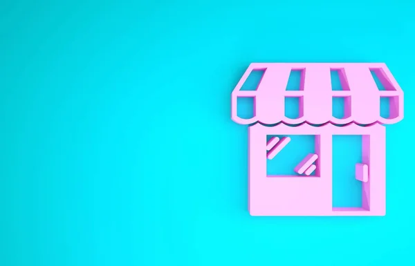 Pinkfarbenes Einkaufsgebäude oder Marktsymbol auf blauem Hintergrund. Ladenbau. Minimalismus-Konzept. 3D Illustration 3D Renderer — Stockfoto