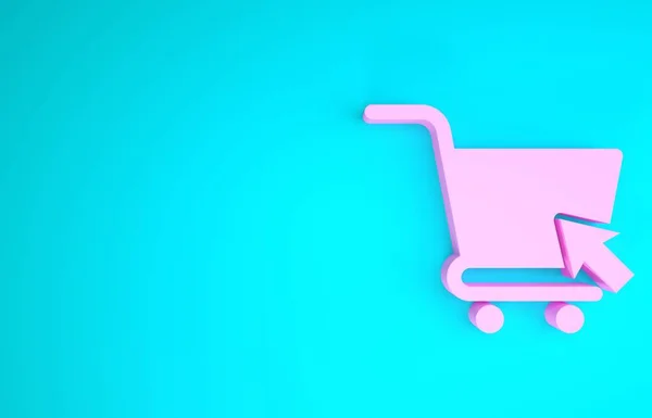 Рожевий кошик з піктограмою курсора ізольовано на синьому фоні. Інтернет-концепція купівлі. Знак служби доставки. Символ кошика супермаркету. Концепція мінімалізму. 3D ілюстрація 3D рендеринга — стокове фото