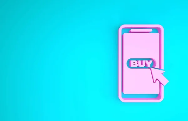 Telefone celular rosa e ícone do carrinho de compras isolado no fundo azul. Símbolo de compra online. Símbolo da cesta de supermercado. Conceito de minimalismo. 3D ilustração 3D render — Fotografia de Stock