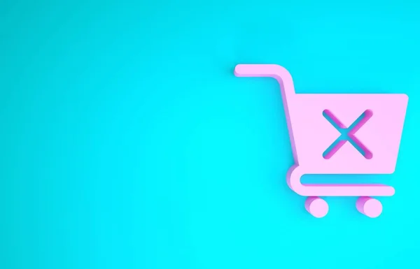 Rosa Eliminar icono del carrito de compras aislado sobre fondo azul. Concepto de compra en línea. Señal de entrega. Cesta de supermercado y marca X. Concepto minimalista. 3D ilustración 3D render — Foto de Stock