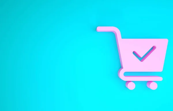 Carrito de compras rosa con icono de marca de verificación aislado sobre fondo azul. Cesta de supermercado con aprobado, confirmar, hecho, garrapata, símbolo completado. Concepto minimalista. 3D ilustración 3D render — Foto de Stock