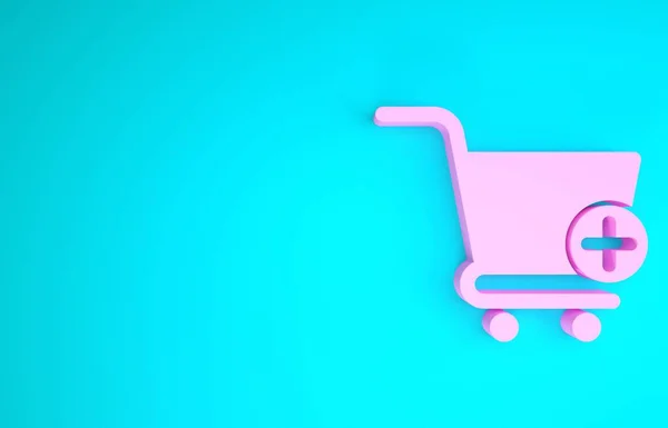 Rosa Añadir al carro icono aislado sobre fondo azul. Concepto de compra en línea. Señal de entrega. Símbolo de cesta de supermercado. Concepto minimalista. 3D ilustración 3D render — Foto de Stock