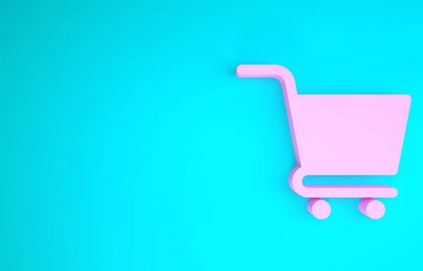 Icône panier rose isolé sur fond bleu. Concept d'achat en ligne. Panneau de service de livraison. Symbole de panier de supermarché. Concept de minimalisme. Illustration 3D rendu 3D — Photo