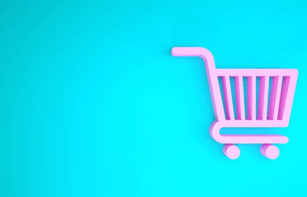 Rosa icono del carrito de compras aislado sobre fondo azul. Concepto de compra en línea. Señal de entrega. Símbolo de cesta de supermercado. Concepto minimalista. 3D ilustración 3D render — Foto de Stock