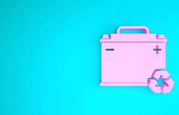 Pink Car battery with recycle icon isolated on blue background. Accumulator battery energy power and electricity accumulator battery. Minimalism concept. 3d illustration 3D render