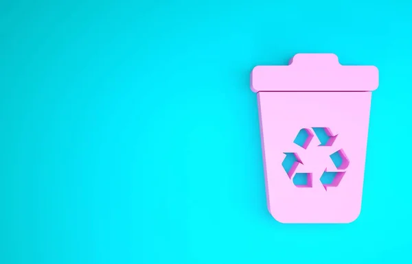 Corbeille rose avec icône de symbole de recyclage isolé sur fond bleu. Icône poubelle. Panneau poubelle. Panneau panier de recyclage. Concept de minimalisme. Illustration 3D rendu 3D — Photo