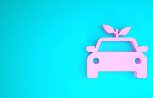 Pink Eco car concept drive with leaf icon isolated on blue background. Green energy car symbol. Minimalism concept. 3d illustration 3D render