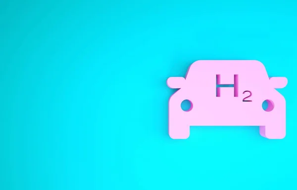 Ícone de carro de hidrogênio rosa isolado no fundo azul. Sinal da estação H2. Célula de combustível de hidrogênio carro eco ambiente amigável zero emissão. Conceito de minimalismo. 3D ilustração 3D render — Fotografia de Stock