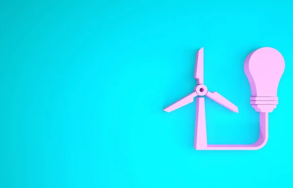 Rosa Glühbirne mit Windkraftanlage als Idee der umweltfreundlichen Energiequelle Symbol isoliert auf blauem Hintergrund. alternative Energiekonzepte. Minimalismus-Konzept. 3D Illustration 3D Renderer — Stockfoto