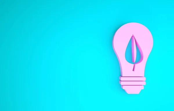 Lâmpada rosa com ícone de folha isolada no fundo azul. Conceito de energia Eco. Conceito de energia alternativa. Conceito de minimalismo. 3D ilustração 3D render — Fotografia de Stock