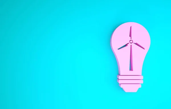 Lâmpada de luz rosa com turbina eólica como ideia de eco amigável fonte de ícone de energia isolado no fundo azul. Conceito de energia alternativa. Conceito de minimalismo. 3D ilustração 3D render — Fotografia de Stock