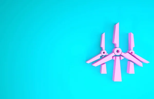 Turbine eoliene roz pictograma izolate pe fundal albastru. Semn generator de vânt. Silueta moara de vant. Mori de vânt pentru producția de energie electrică. Conceptul de minimalism. 3d ilustrație 3D render — Fotografie, imagine de stoc