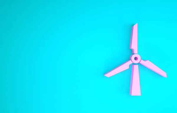 Ícone de turbina de vento rosa isolado no fundo azul. Sinal do gerador de vento. Silhueta de moinho de vento. Moinho de vento para produção de energia elétrica. Conceito de minimalismo. 3D ilustração 3D render — Fotografia de Stock