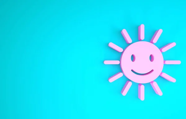 Sol bonito rosa com ícone de sorriso isolado no fundo azul. Engraçado sol sorridente. Feliz sorriso ensolarado. Conceito de minimalismo. 3D ilustração 3D render — Fotografia de Stock