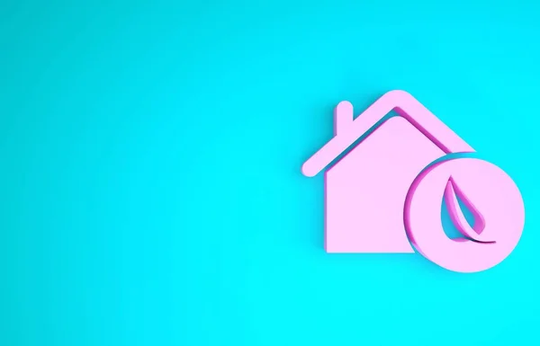 Рожевий екологічно чистий значок будинку ізольовано на синьому фоні. Екологічний будинок з листям. Концепція мінімалізму. 3D ілюстрація 3D рендеринга — стокове фото