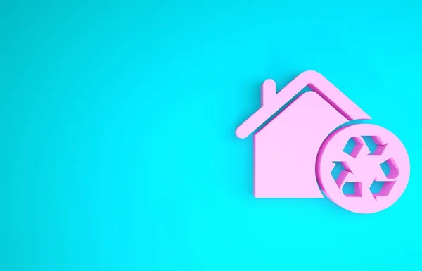 Pink Eco House dengan ikon simbol daur ulang terisolasi di latar belakang biru. Ekologi rumah dengan panah daur ulang. Konsep minimalisme. Tampilan 3D ilustrasi 3d — Stok Foto