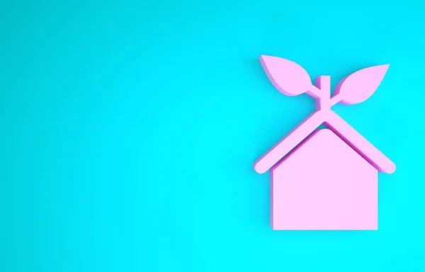 Pink Eco friendly house icon isolated on blue background. Eco house with leaf. Minimalism concept. 3d illustration 3D render