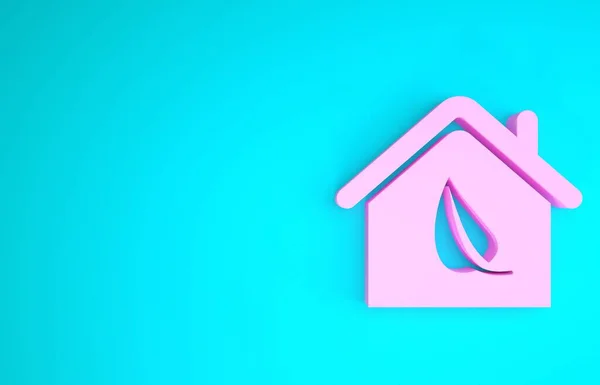 Pink Eco ramah rumah ikon terisolasi pada latar belakang biru. Rumah Eco dengan daun. Konsep minimalisme. Tampilan 3D ilustrasi 3d — Stok Foto