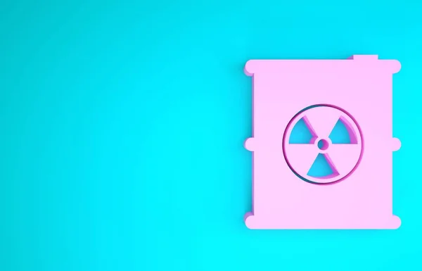 Pink Radioactive waste in barrel icon isolated on blue background. Toxic refuse keg. Radioactive garbage emissions, environmental pollution. Minimalism concept. 3d illustration 3D render
