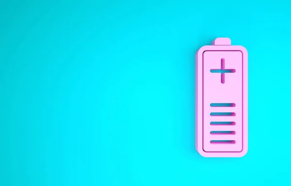 粉色电池充电电平指示器图标隔离在蓝色背景.最低纲领的概念。3D渲染3D插图 — 图库照片
