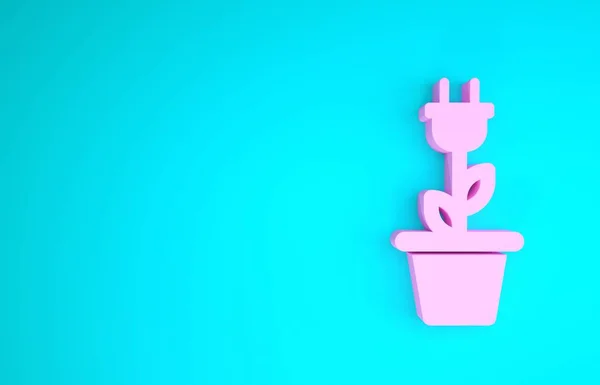 Pink Electric saving plug in pot icon isolated on blue background. Save energy electricity icon. Environmental protection icon. Bio energy. Minimalism concept. 3d illustration 3D render