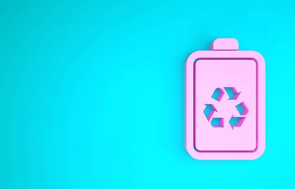 Pinkfarbener Akku mit Symbolzeilensymbol auf blauem Hintergrund. Batterie mit Recycling-Symbol - Konzept für erneuerbare Energien. Minimalismus-Konzept. 3D Illustration 3D Renderer — Stockfoto