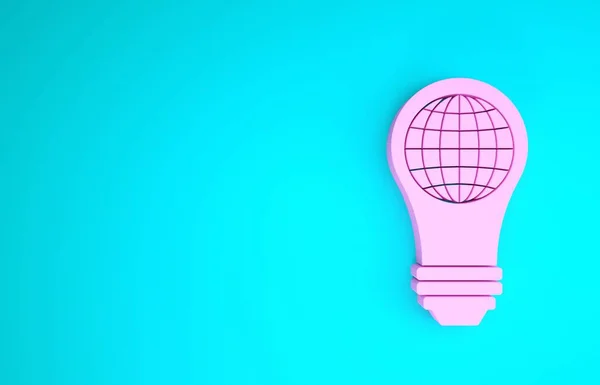 Lampadina rosa con icona globo interno isolato su sfondo blu. Pianeta Terra sulla lampada. Concetto globale di ecologia. Concetto minimalista. Illustrazione 3d rendering 3D — Foto Stock