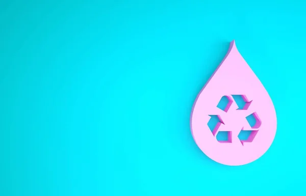 Rosa reciclar ícone aqua limpo isolado no fundo azul. Gota de água com reciclagem de sinais. Conceito de minimalismo. 3D ilustração 3D render — Fotografia de Stock