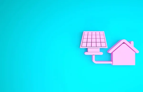 Pink House with solar panel icon isolated on blue background. Ecology, solar renewable energy. Eco-friendly house. Environmental Protection. Minimalism concept. 3d illustration 3D render