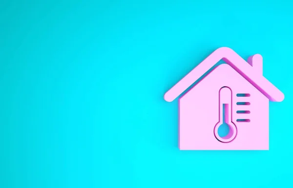 Icône de température Pink House isolée sur fond bleu. Icône du thermomètre. Concept de minimalisme. Illustration 3D rendu 3D — Photo