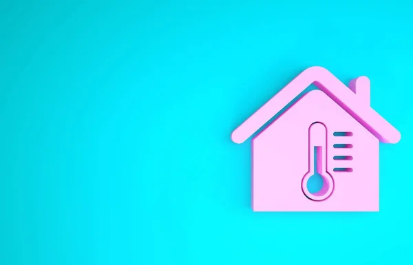 Ícone de temperatura da casa rosa isolado no fundo azul. Ícone do termómetro. Conceito de minimalismo. 3D ilustração 3D render — Fotografia de Stock