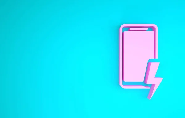 Ícone de bateria de carregamento Smartphone rosa isolado no fundo azul. Telefone com bateria fraca. Conceito de minimalismo. 3D ilustração 3D render — Fotografia de Stock