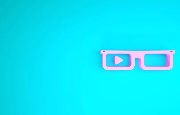 Gafas Pink Smart montadas sobre un icono de gafas aisladas sobre fondo azul. Gafas inteligentes de electrónica portátil con cámara y pantalla. Concepto minimalista. 3D ilustración 3D render — Foto de Stock