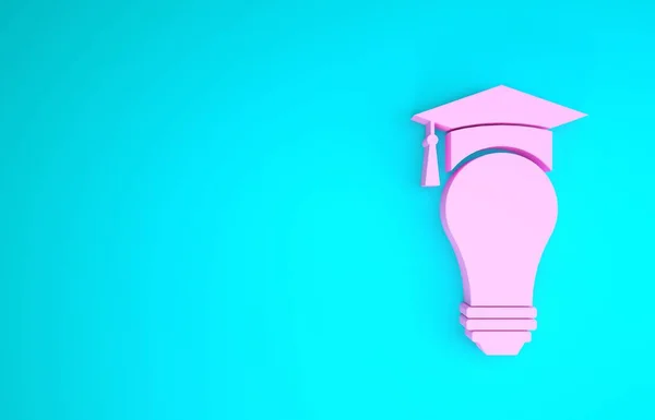 Lampadina rosa e icona del cappuccio graduazione isolato su sfondo blu. Concetto di istruzione universitaria. Concetto minimalista. Illustrazione 3d rendering 3D — Foto Stock