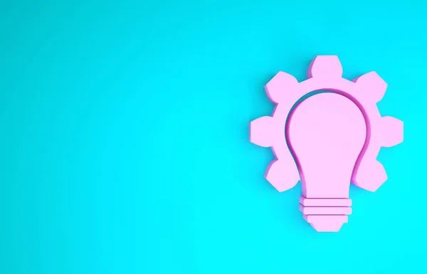 Lâmpada de luz rosa e ícone de engrenagem isolado no fundo azul. Conceito de inovação. Ideia de negócio. Conceito de minimalismo. 3D ilustração 3D render — Fotografia de Stock