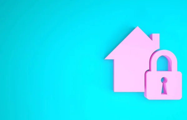 보호받는 핑크 하우스는 푸른 배경에 고립되어 있습니다. 집에 가서 잠가. 보호, 안전, 보안, 보호, 방어 개념. 미니멀리즘의 개념입니다. 3d 삽화 3D 렌더링 — 스톡 사진