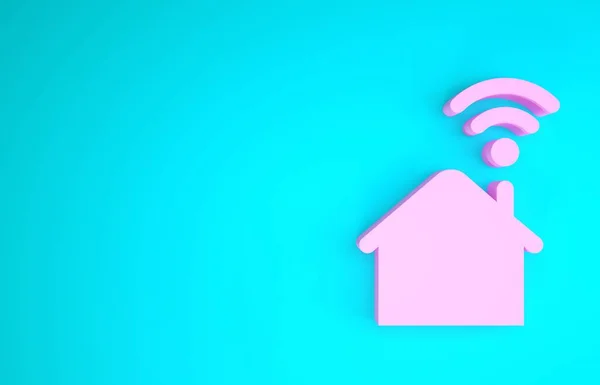 Розовый смарт дома с Wi-Fi значок изолирован на синем фоне. Дистанционное управление. Концепция минимализма. 3D-рендеринг — стоковое фото