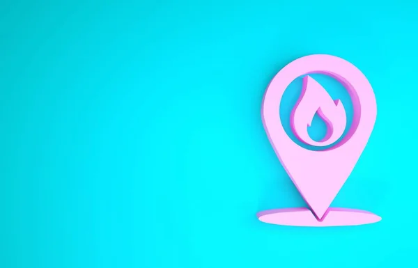 Puntero de mapa rosa con el icono de llama de fuego aislado sobre fondo azul. Fuego cerca. Concepto minimalista. 3D ilustración 3D render — Foto de Stock