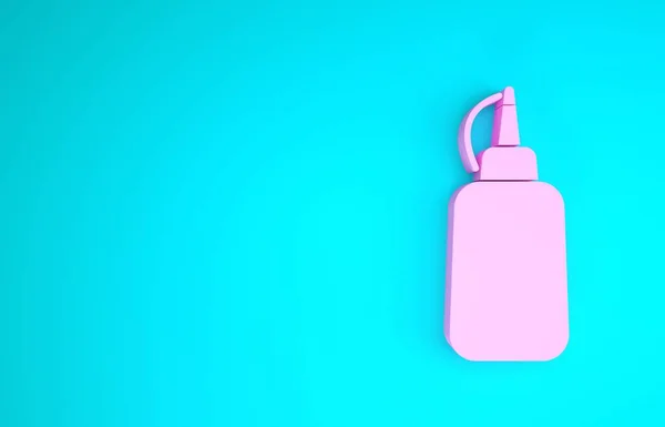 Różowa ikona butelki musztardy odizolowana na niebieskim tle. Koncepcja minimalizmu. Ilustracja 3d — Zdjęcie stockowe