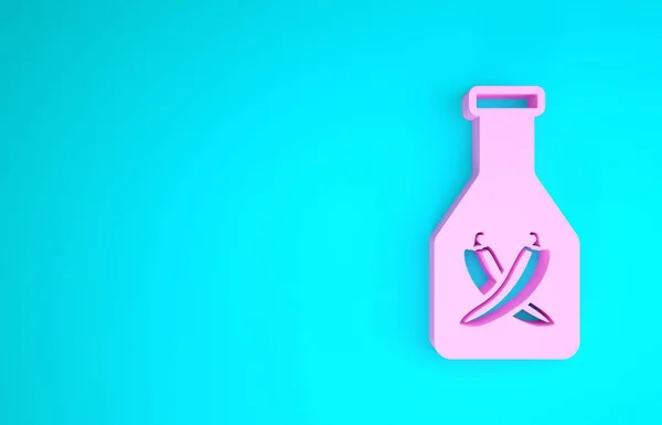 Icona bottiglia di ketchup rosa isolata su sfondo blu. Segno baccello peperoncino piccante. Barbecue e barbecue simbolo della griglia. Concetto minimalista. Illustrazione 3d rendering 3D — Foto Stock