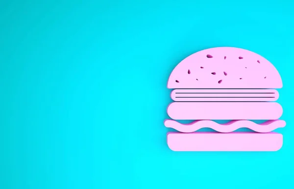 Różowy Burger ikona izolowane na niebieskim tle. Ikona hamburgera. Znak kanapki z cheeseburgerem. Koncepcja minimalizmu. Ilustracja 3d — Zdjęcie stockowe