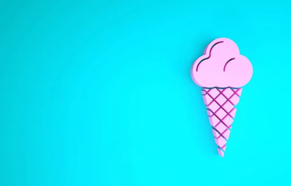 Gelado rosa no ícone cone waffle isolado no fundo azul. Símbolo doce. Conceito de minimalismo. 3D ilustração 3D render — Fotografia de Stock